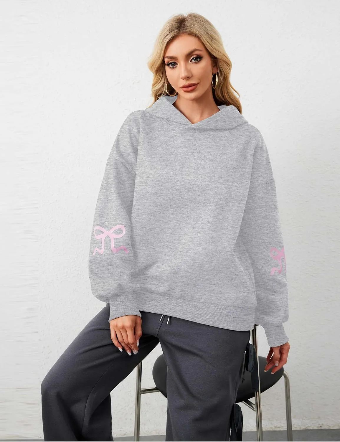 Women Pink Bow Hoodies Loose Fit Long Sleeve Graphic Preppy Hoodies Casual Y2k Cute Hoodies for Teen Girls Outfits