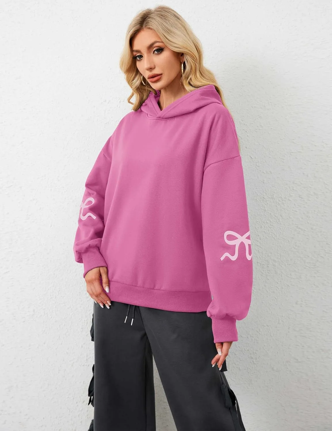 Women Pink Bow Hoodies Loose Fit Long Sleeve Graphic Preppy Hoodies Casual Y2k Cute Hoodies for Teen Girls Outfits