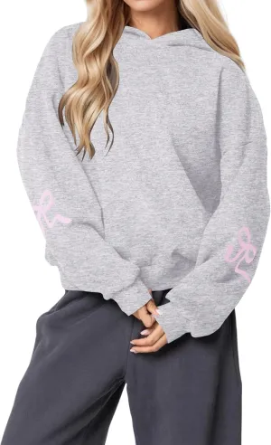 Women Pink Bow Hoodies Loose Fit Long Sleeve Graphic Preppy Hoodies Casual Y2k Cute Hoodies for Teen Girls Outfits