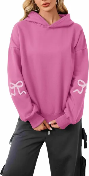 Women Pink Bow Hoodies Loose Fit Long Sleeve Graphic Preppy Hoodies Casual Y2k Cute Hoodies for Teen Girls Outfits