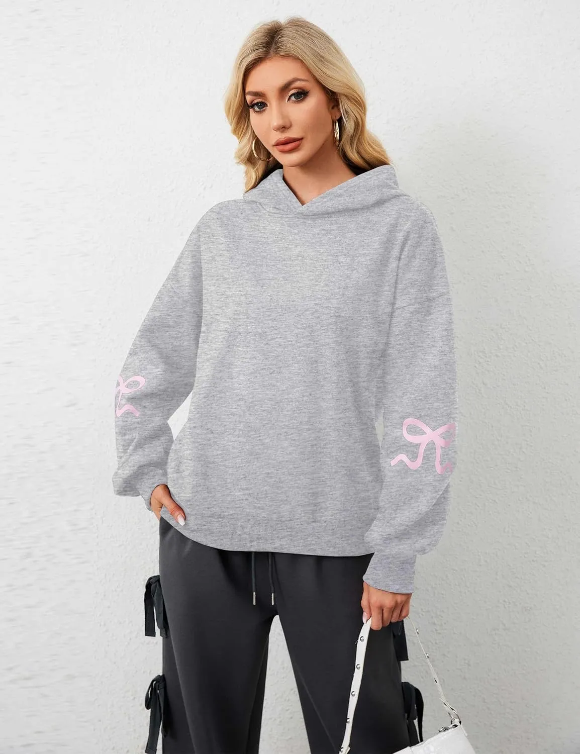 Women Pink Bow Hoodies Loose Fit Long Sleeve Graphic Preppy Hoodies Casual Y2k Cute Hoodies for Teen Girls Outfits