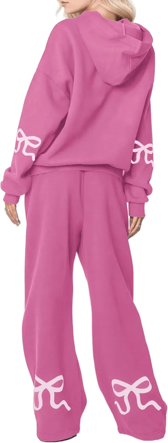 Women Pink Bow Hoodies Loose Fit Long Sleeve Graphic Preppy Hoodies Casual Y2k Cute Hoodies for Teen Girls Outfits