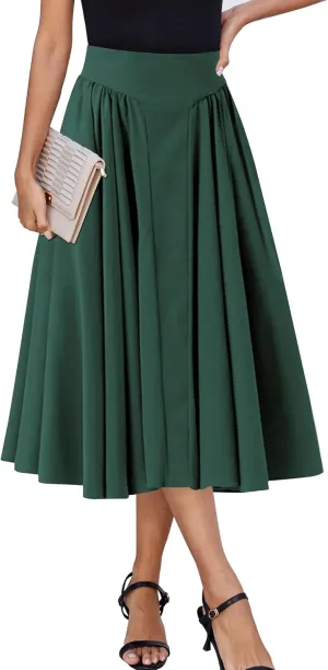 Women Pleated Flowy High Waist A Line Flared Vintage Dressy Spring Long Skirt
