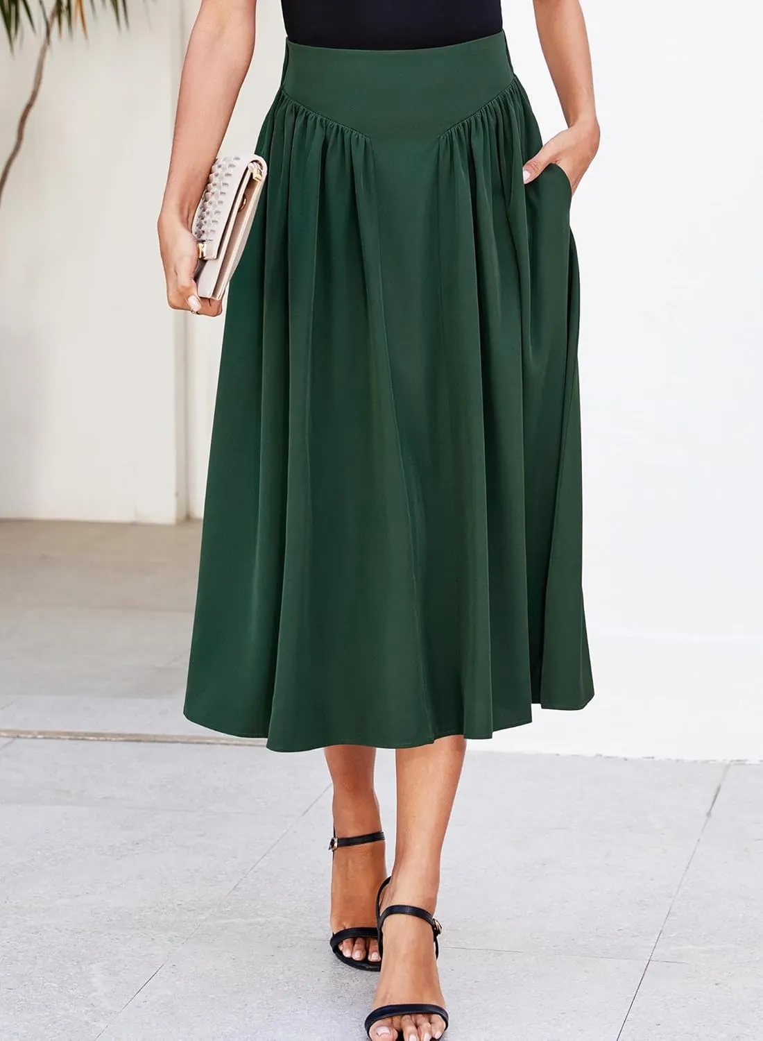 Women Pleated Flowy High Waist A Line Flared Vintage Dressy Spring Long Skirt