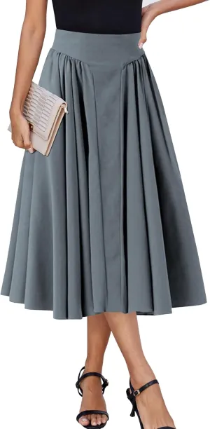 Women Pleated Flowy High Waist A Line Flared Vintage Dressy Spring Long Skirt