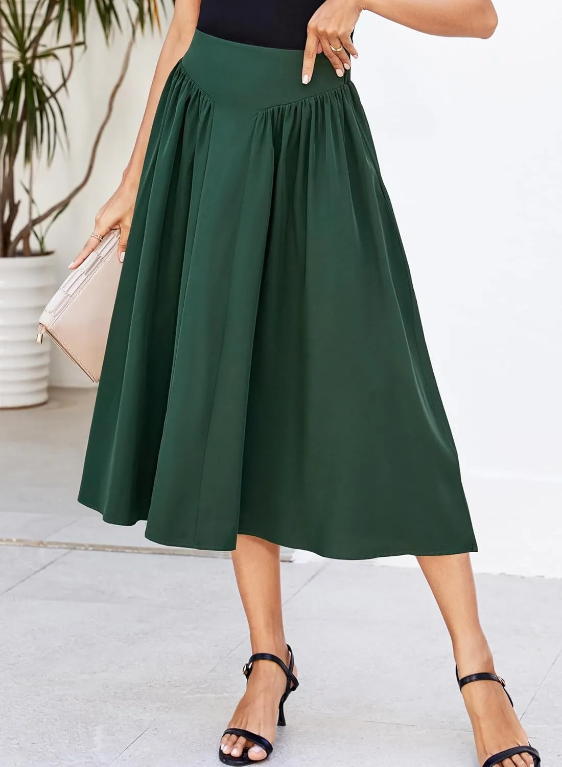 Women Pleated Flowy High Waist A Line Flared Vintage Dressy Spring Long Skirt