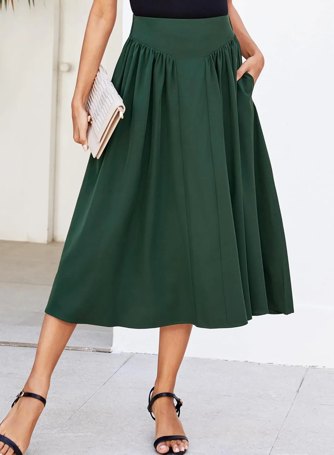 Women Pleated Flowy High Waist A Line Flared Vintage Dressy Spring Long Skirt