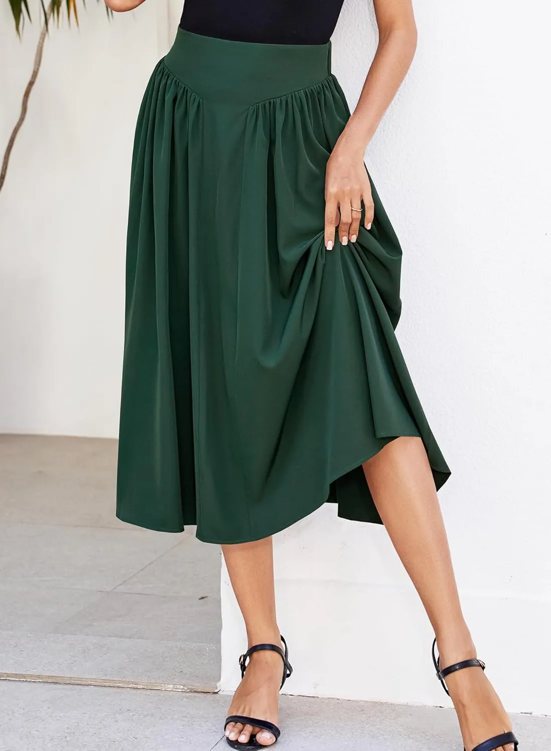 Women Pleated Flowy High Waist A Line Flared Vintage Dressy Spring Long Skirt