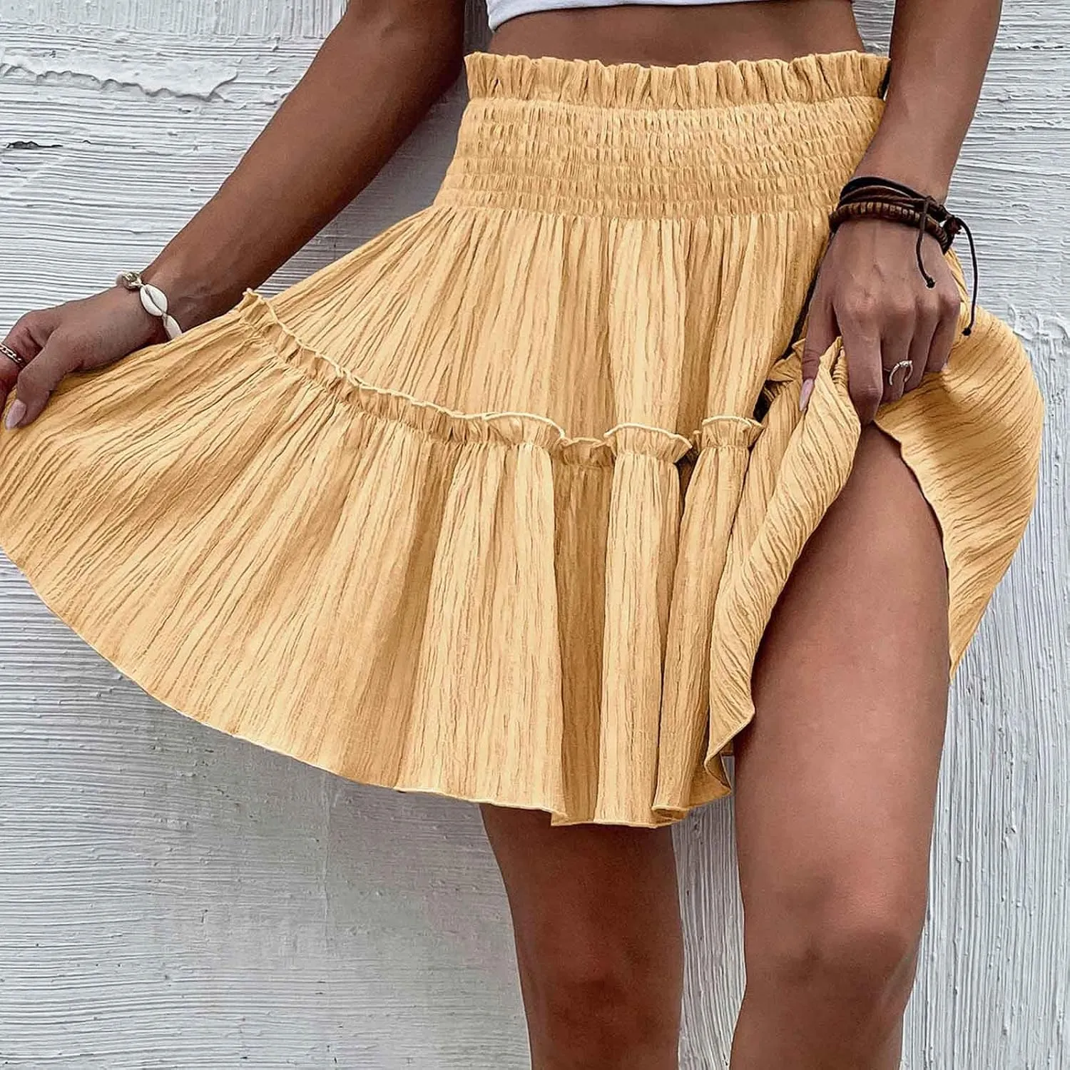 Women Pleated Summer Skirts Elastic Waist Casual Ruffle Mini Skirt Trendy Solid Bohemian Beach Vacation Skirts