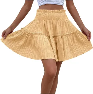 Women Pleated Summer Skirts Elastic Waist Casual Ruffle Mini Skirt Trendy Solid Bohemian Beach Vacation Skirts