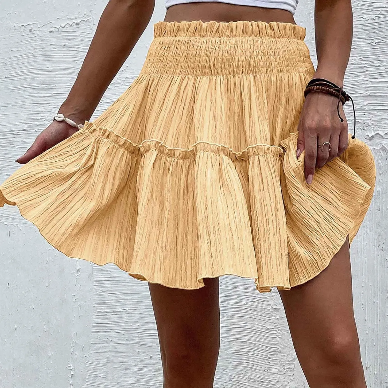 Women Pleated Summer Skirts Elastic Waist Casual Ruffle Mini Skirt Trendy Solid Bohemian Beach Vacation Skirts