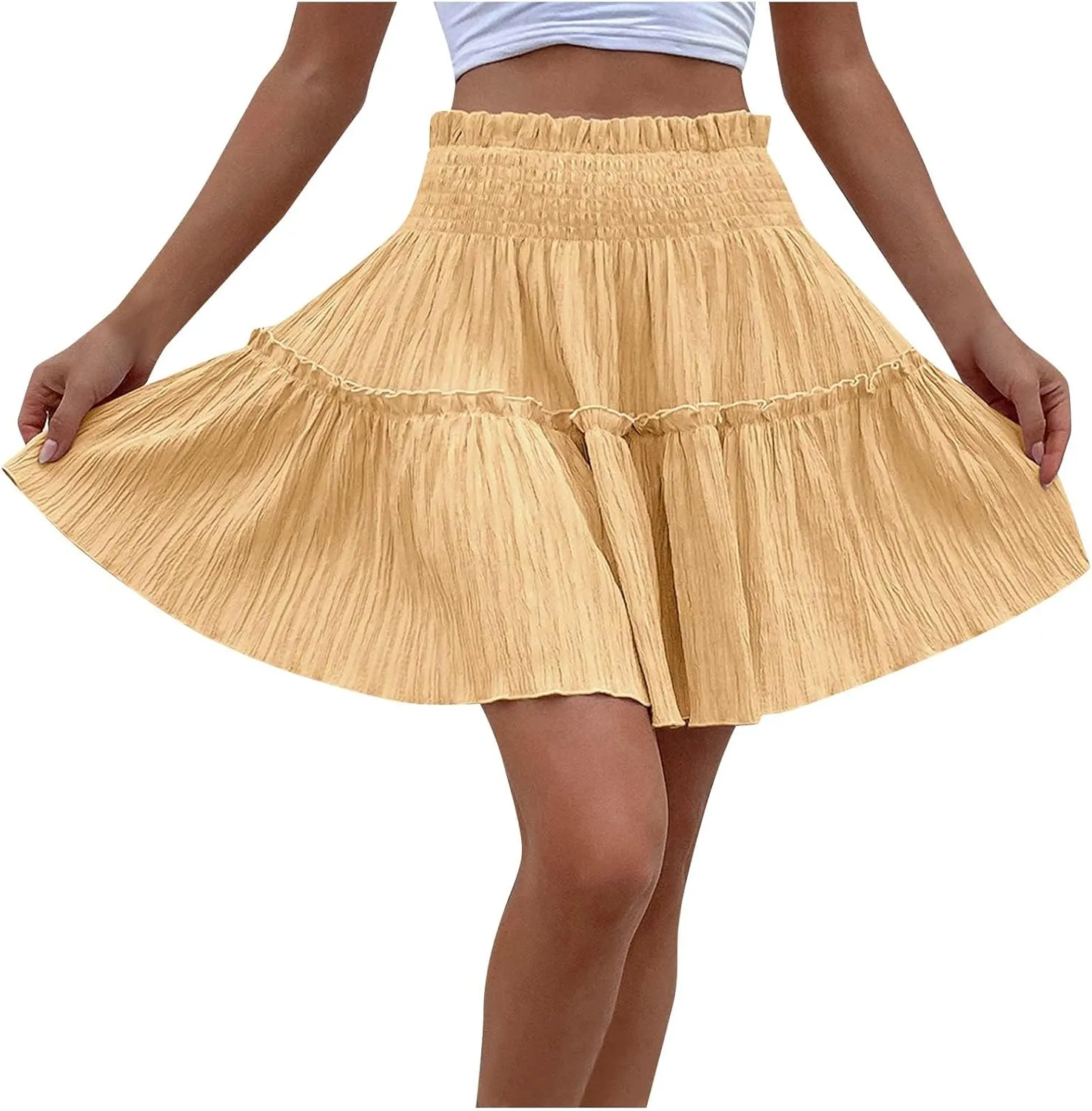 Women Pleated Summer Skirts Elastic Waist Casual Ruffle Mini Skirt Trendy Solid Bohemian Beach Vacation Skirts
