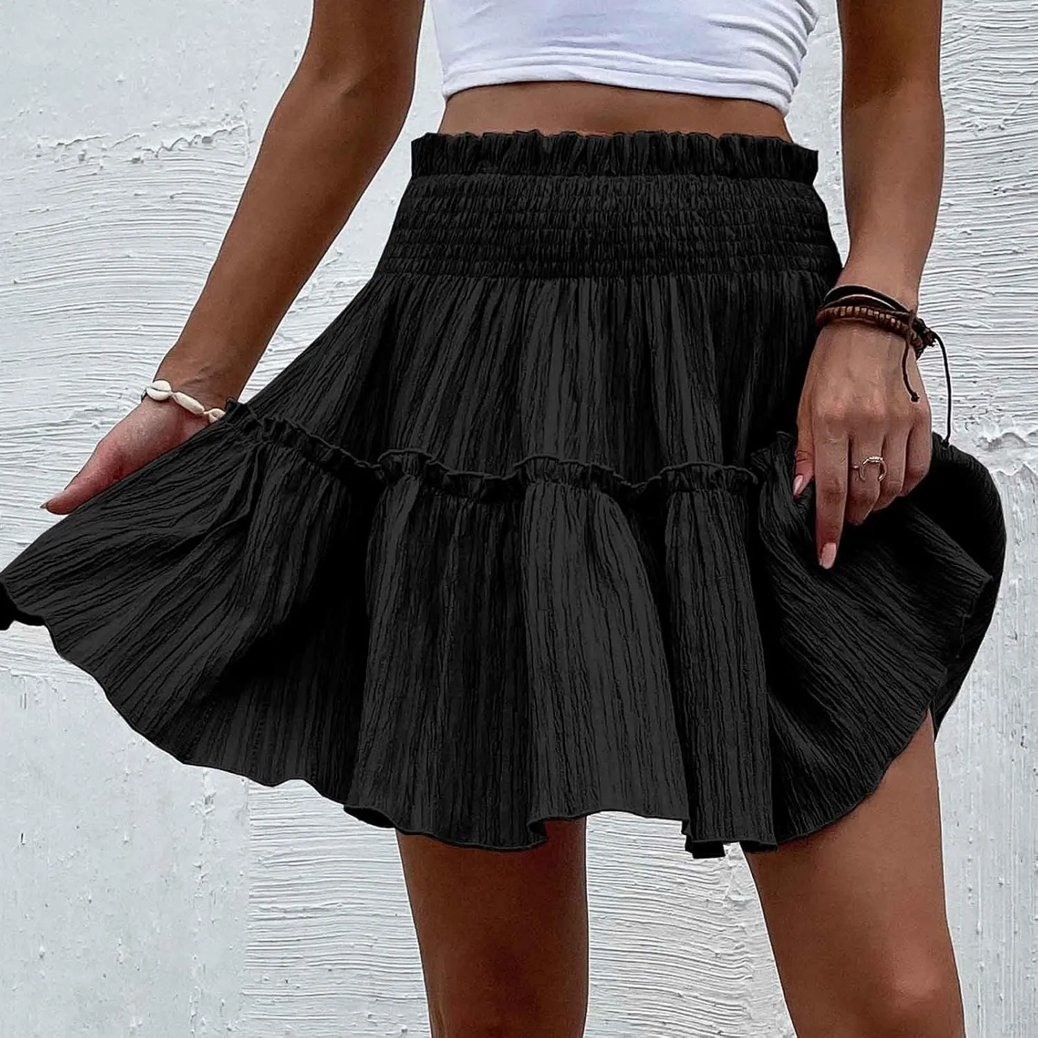 Women Pleated Summer Skirts Elastic Waist Casual Ruffle Mini Skirt Trendy Solid Bohemian Beach Vacation Skirts