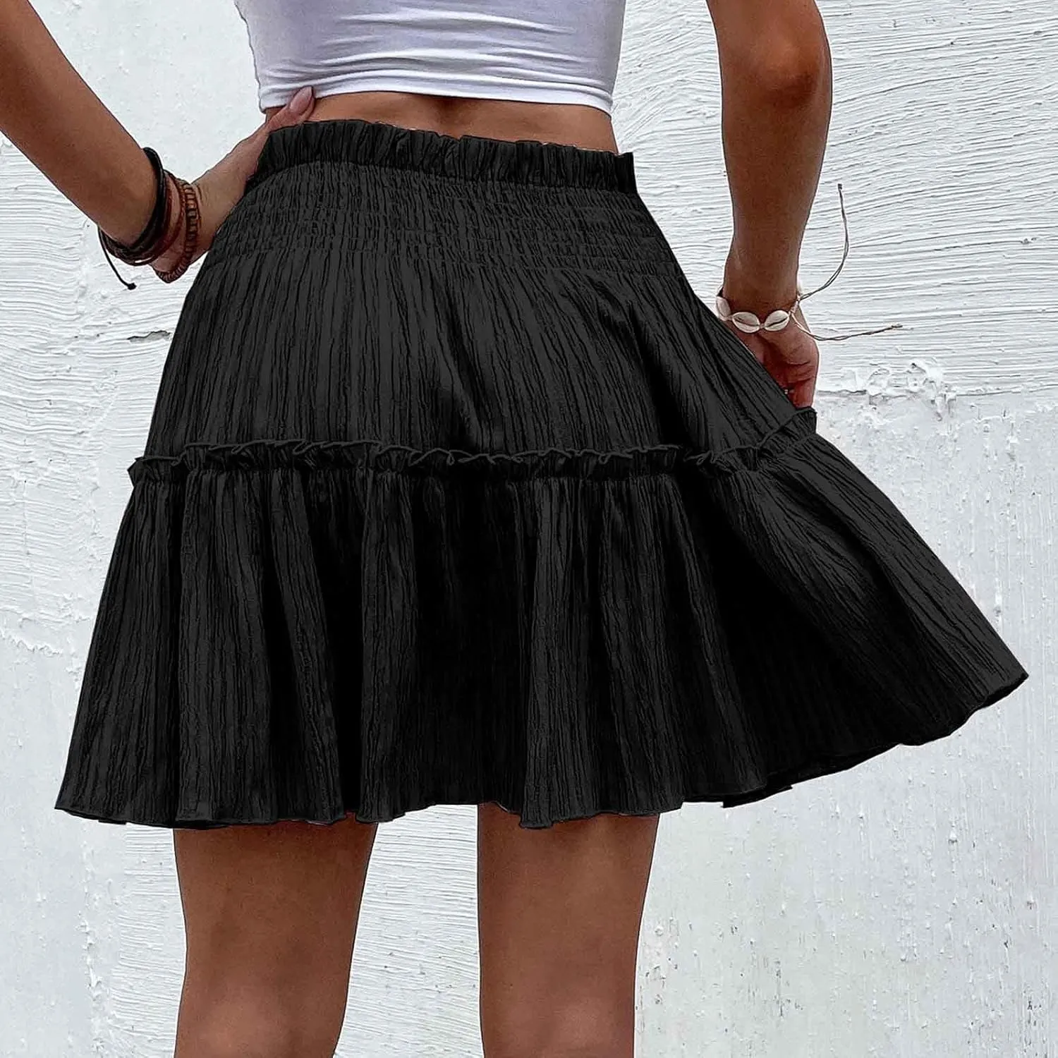 Women Pleated Summer Skirts Elastic Waist Casual Ruffle Mini Skirt Trendy Solid Bohemian Beach Vacation Skirts