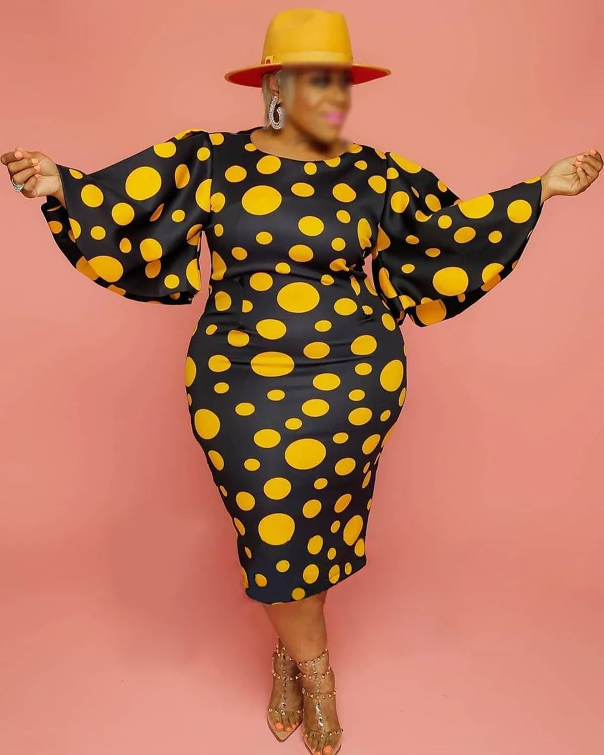 Women Plus Size Stylish Bell Sleeve Round Neck Polka Dot Bodycon Midi Dress Asymmetric Long Curvy Party Dress
