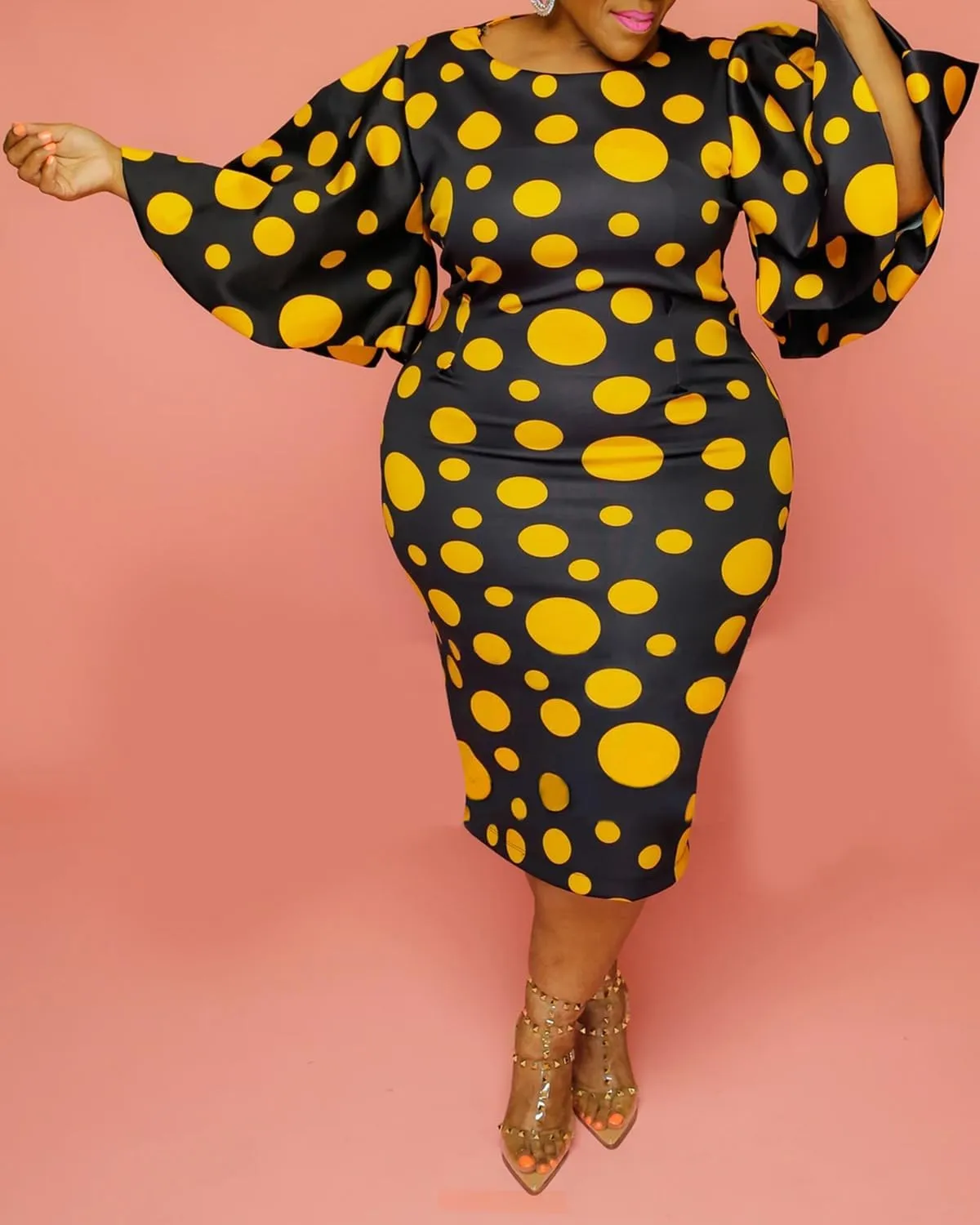 Women Plus Size Stylish Bell Sleeve Round Neck Polka Dot Bodycon Midi Dress Asymmetric Long Curvy Party Dress