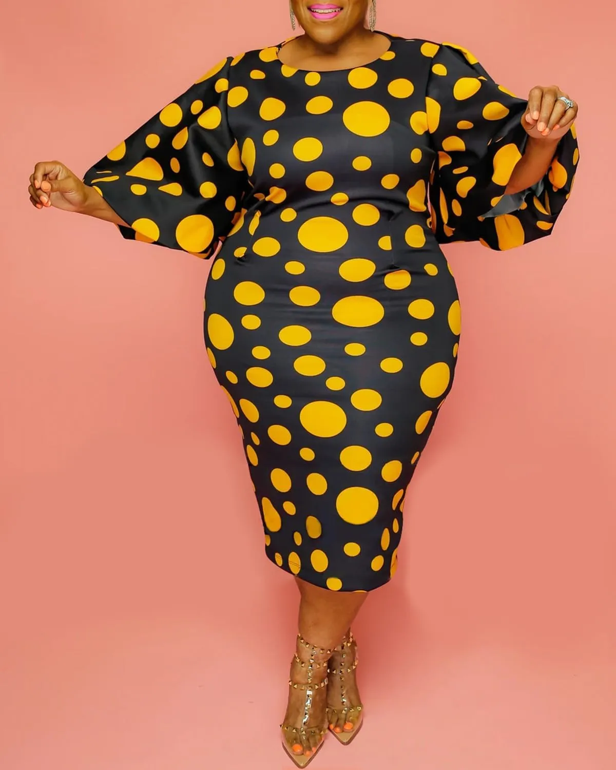 Women Plus Size Stylish Bell Sleeve Round Neck Polka Dot Bodycon Midi Dress Asymmetric Long Curvy Party Dress