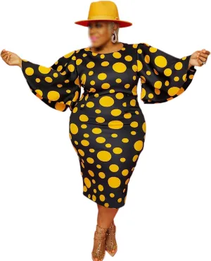 Women Plus Size Stylish Bell Sleeve Round Neck Polka Dot Bodycon Midi Dress Asymmetric Long Curvy Party Dress
