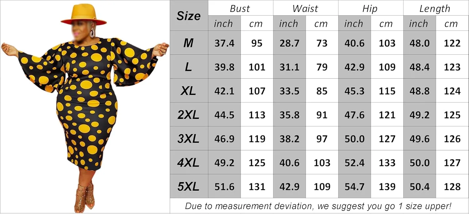 Women Plus Size Stylish Bell Sleeve Round Neck Polka Dot Bodycon Midi Dress Asymmetric Long Curvy Party Dress