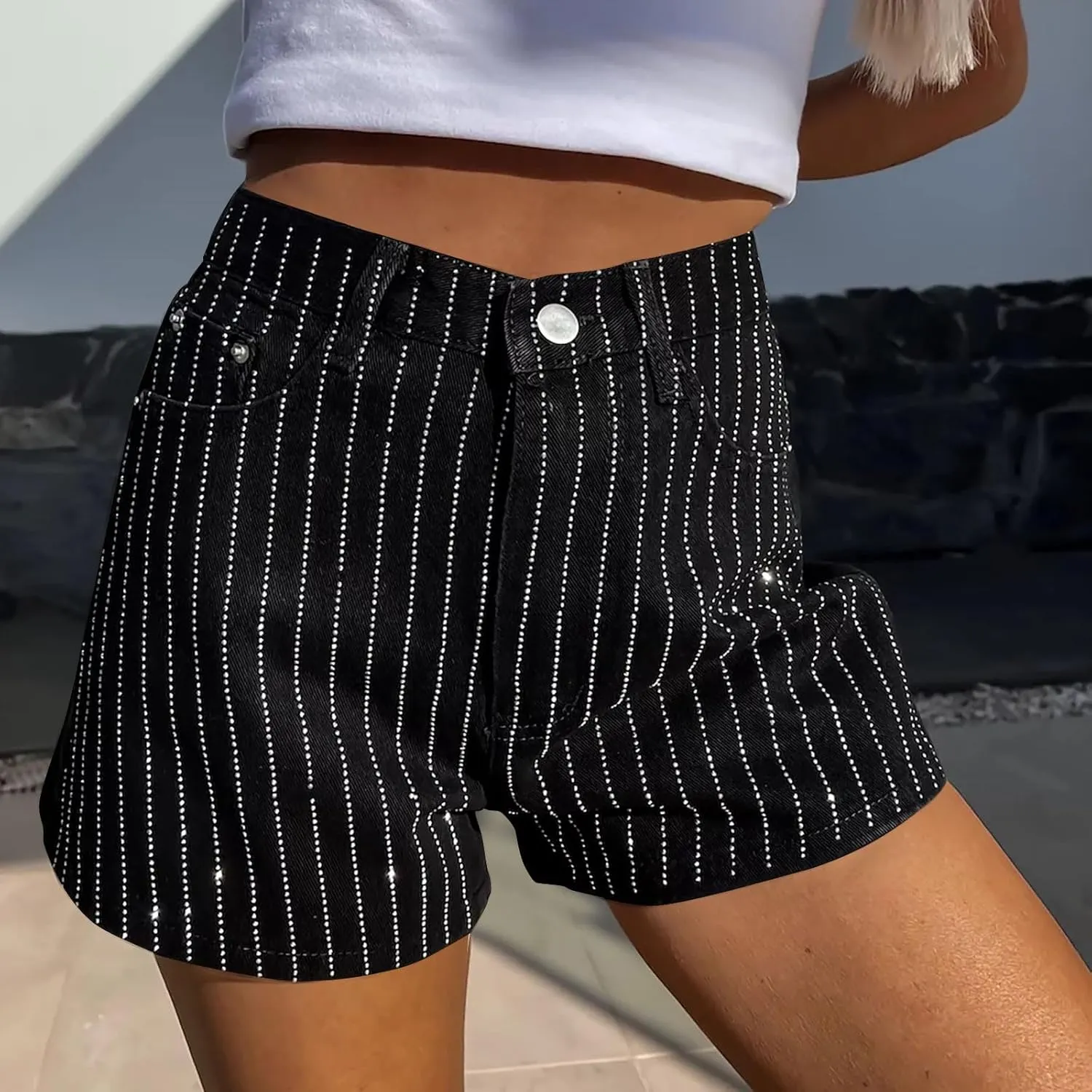 Women Rhinestone Denim Shorts High Waisted Baggy Hot Pant Retro Straight Jean Shorts for Going Out Club Party