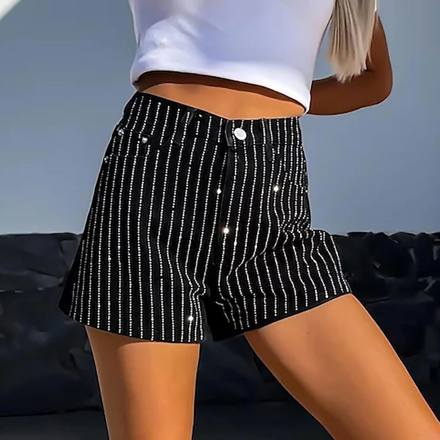 Women Rhinestone Denim Shorts High Waisted Baggy Hot Pant Retro Straight Jean Shorts for Going Out Club Party