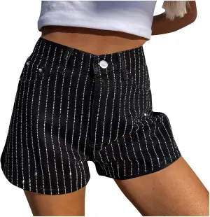 Women Rhinestone Denim Shorts High Waisted Baggy Hot Pant Retro Straight Jean Shorts for Going Out Club Party
