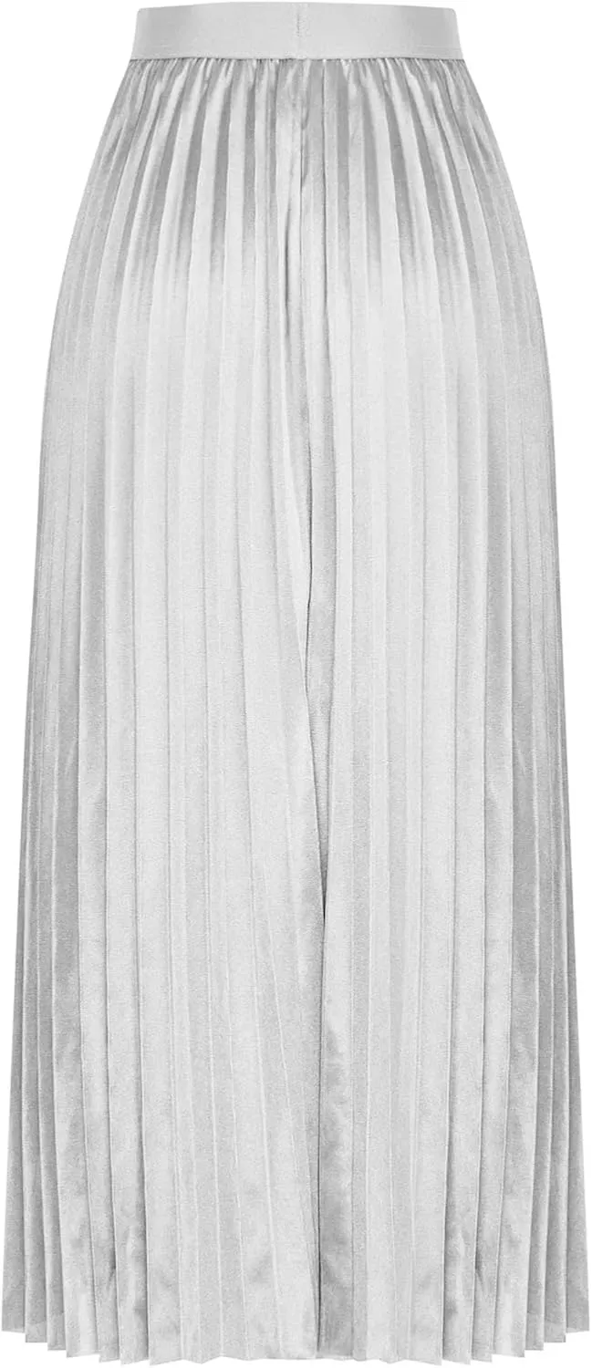 Women Satin Midi Skirts Solid Color High Elastic Waist Elegant Skirt Plus Size Pleated Rufffle Maxi A Line Long Skirt