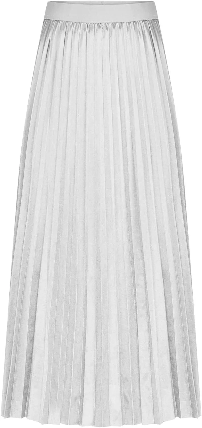 Women Satin Midi Skirts Solid Color High Elastic Waist Elegant Skirt Plus Size Pleated Rufffle Maxi A Line Long Skirt