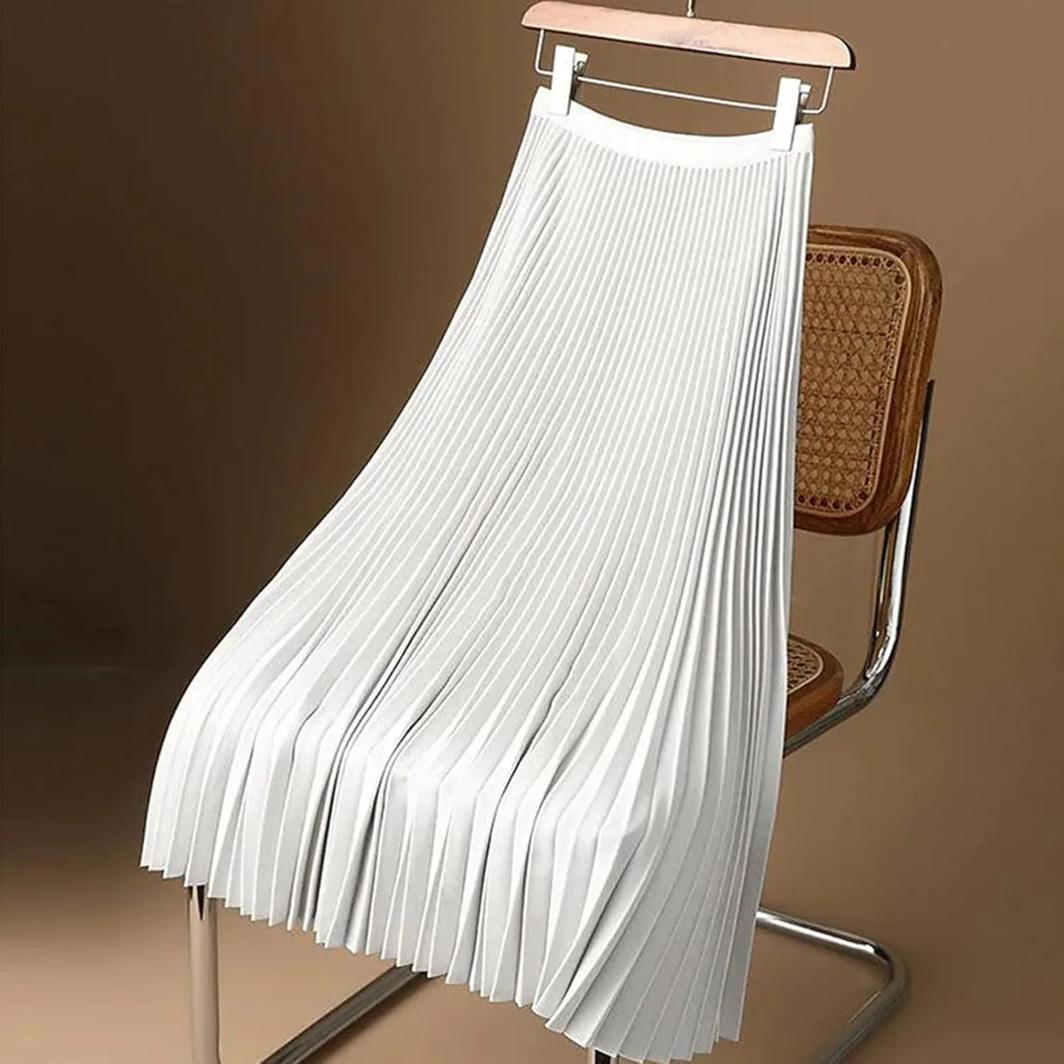 Women Satin Midi Skirts Solid Color High Elastic Waist Elegant Skirt Plus Size Pleated Rufffle Maxi A Line Long Skirt