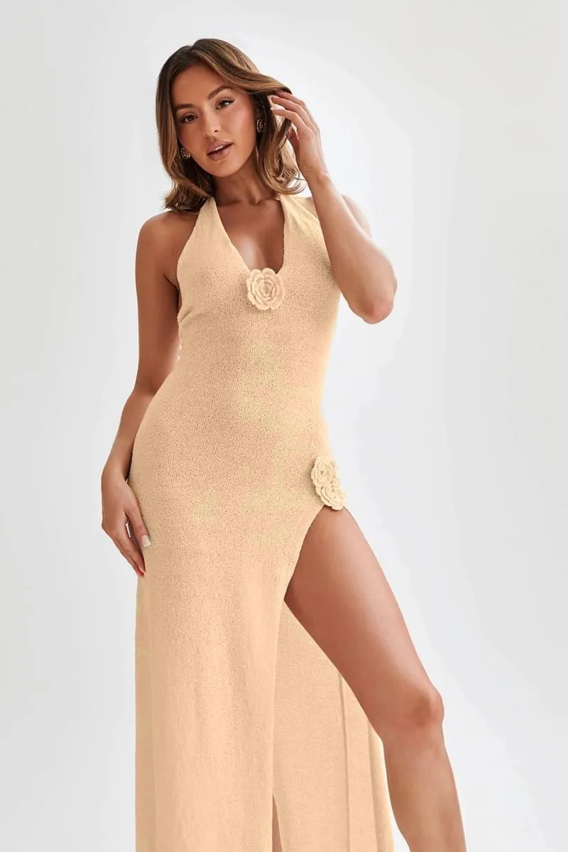 Women Sexy Backless See Through Knitted 3D Embroidery Dresses V-Neck Open Leg Sleeveless Halter Gown