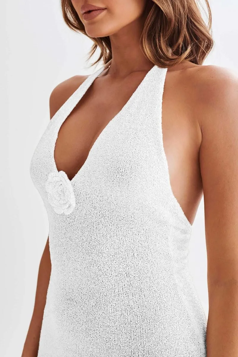 Women Sexy Backless See Through Knitted 3D Embroidery Dresses V-Neck Open Leg Sleeveless Halter Gown