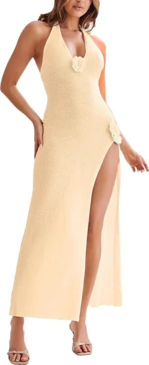 Women Sexy Backless See Through Knitted 3D Embroidery Dresses V-Neck Open Leg Sleeveless Halter Gown