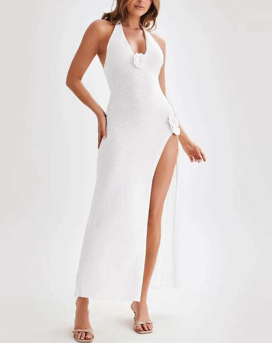 Women Sexy Backless See Through Knitted 3D Embroidery Dresses V-Neck Open Leg Sleeveless Halter Gown