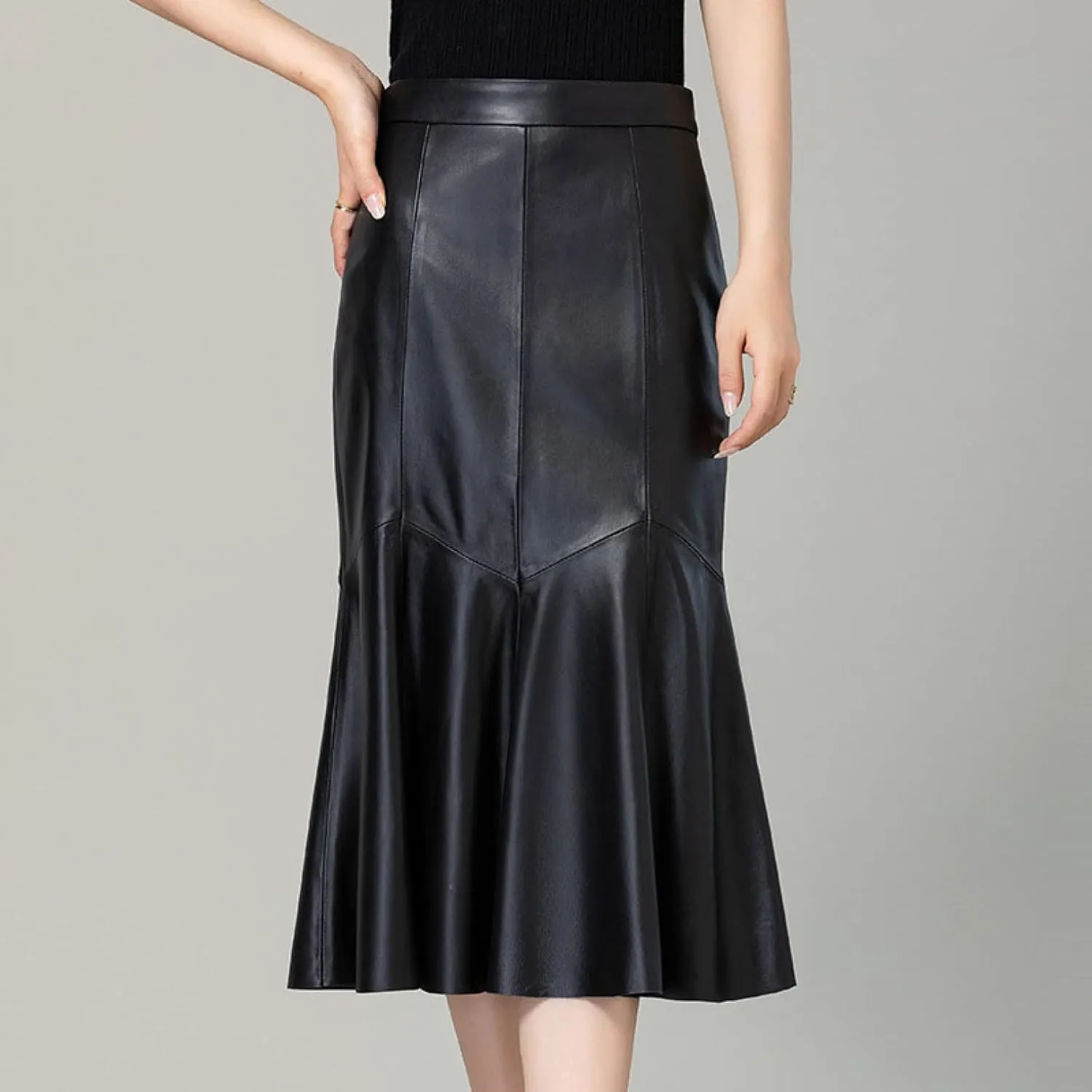 Women Sexy High Waist Zip Tight Hip-Wrapped Skirt Comfortable PU Leather A-Shape Prom Elegant Midi Pleated Skirts (Blue X)