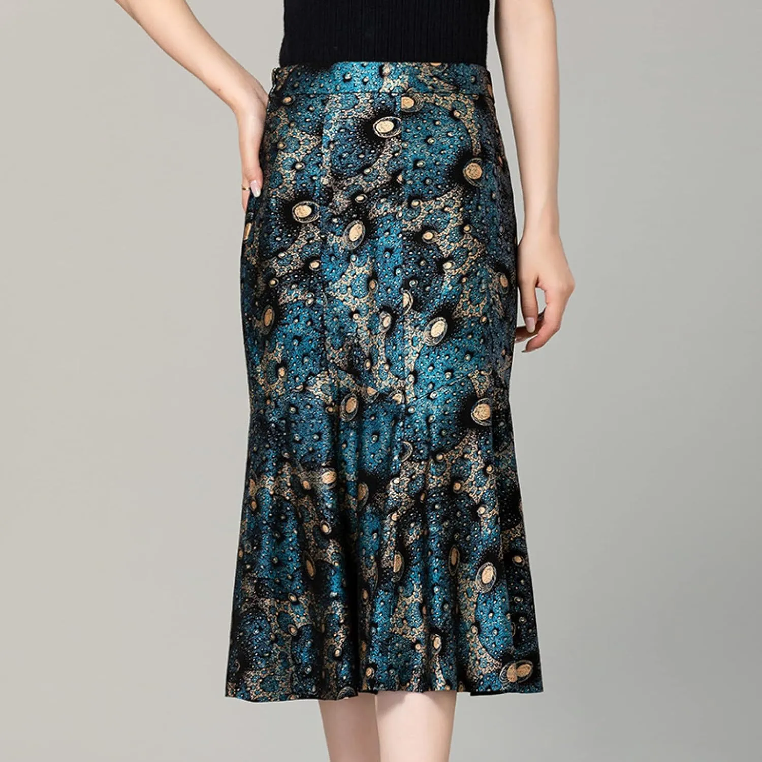 Women Sexy High Waist Zip Tight Hip-Wrapped Skirt Comfortable PU Leather A-Shape Prom Elegant Midi Pleated Skirts (Blue X)