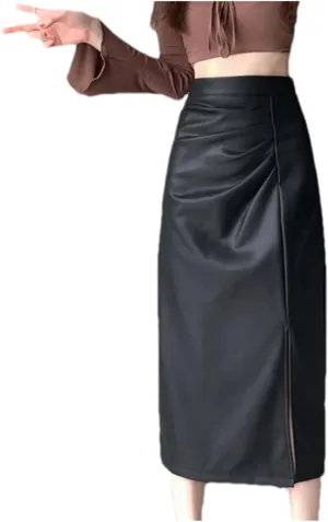 Women Solid Color Irregular PU Leather Skirts Vintage High Waist Split Office Pleated Midi Skirt