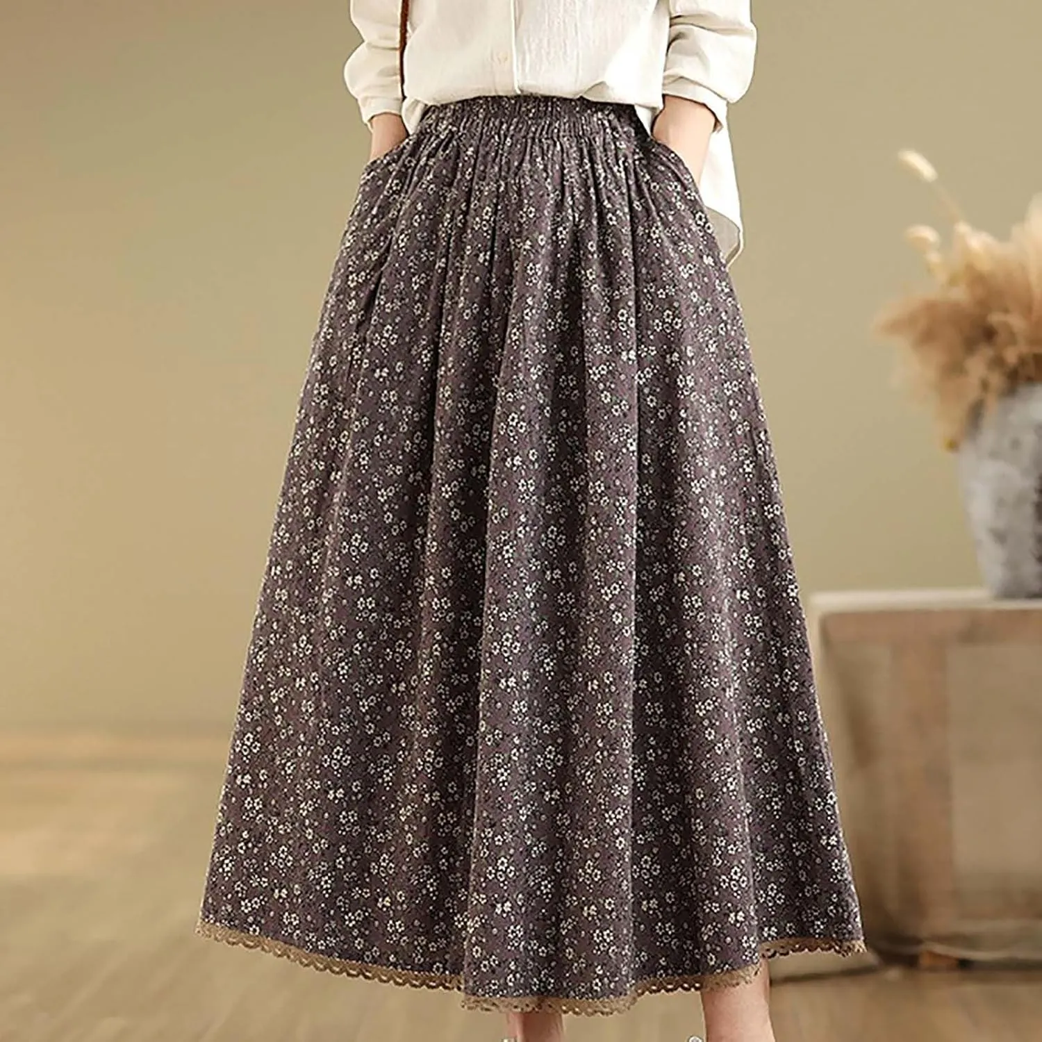 Women Summer High Waisted Skirts Waist Pleated A Line Midi Skirt Floral Skirts Bohemian Long Skirt Casual Clothes