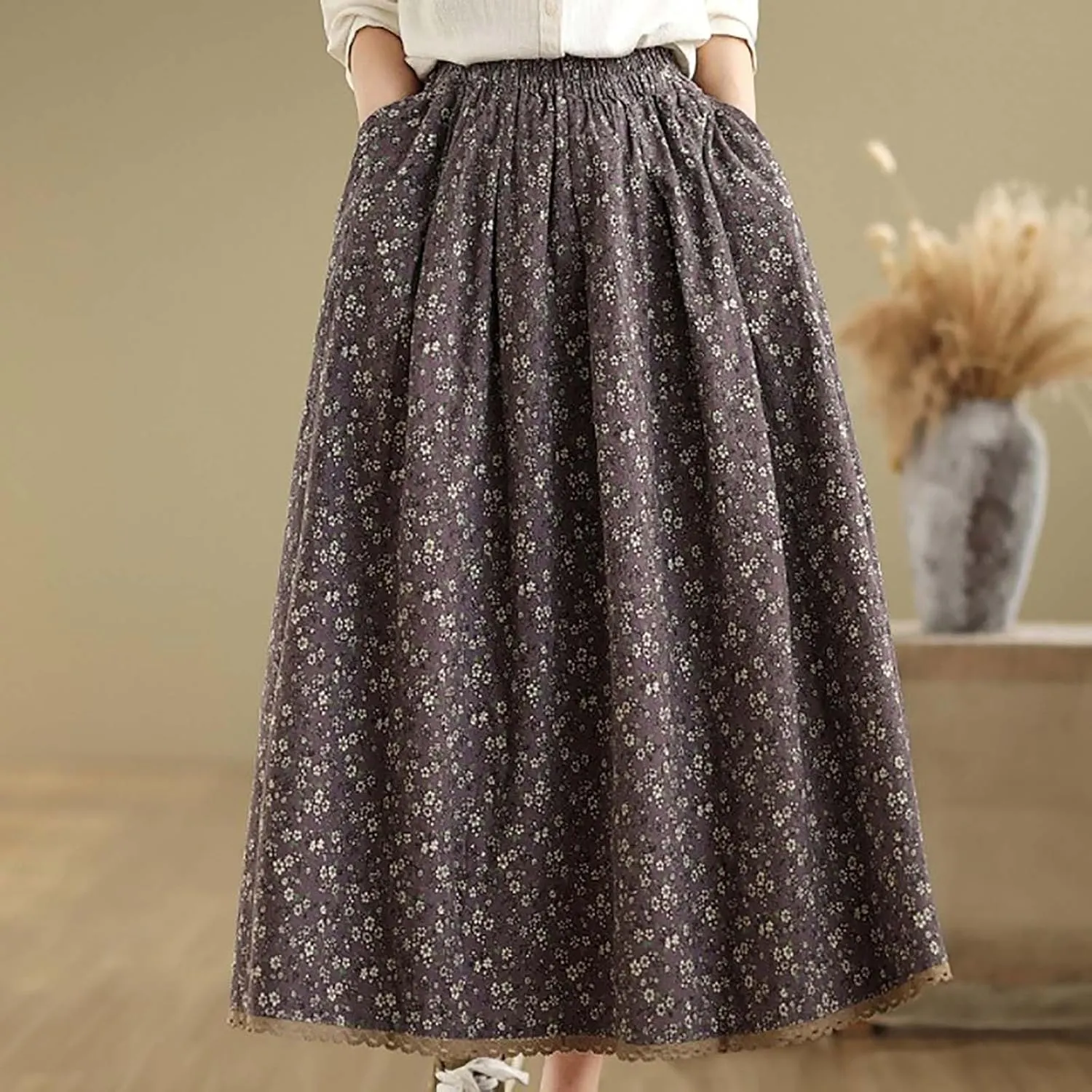 Women Summer High Waisted Skirts Waist Pleated A Line Midi Skirt Floral Skirts Bohemian Long Skirt Casual Clothes