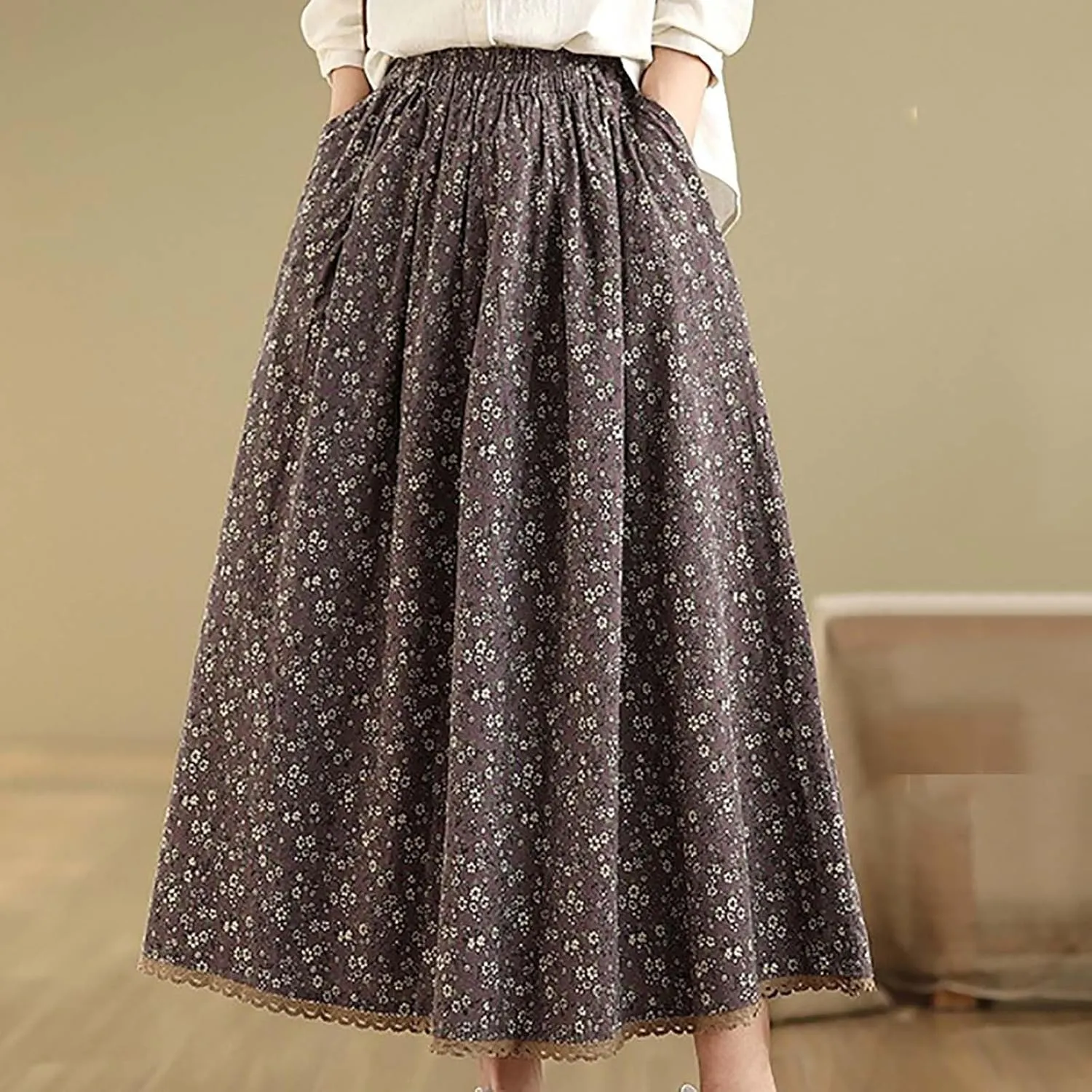 Women Summer High Waisted Skirts Waist Pleated A Line Midi Skirt Floral Skirts Bohemian Long Skirt Casual Clothes