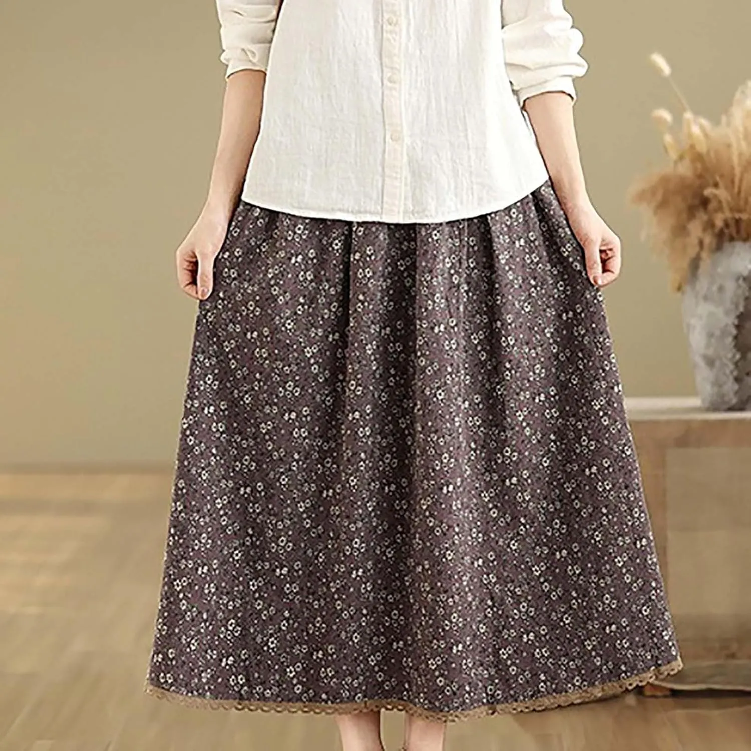 Women Summer High Waisted Skirts Waist Pleated A Line Midi Skirt Floral Skirts Bohemian Long Skirt Casual Clothes
