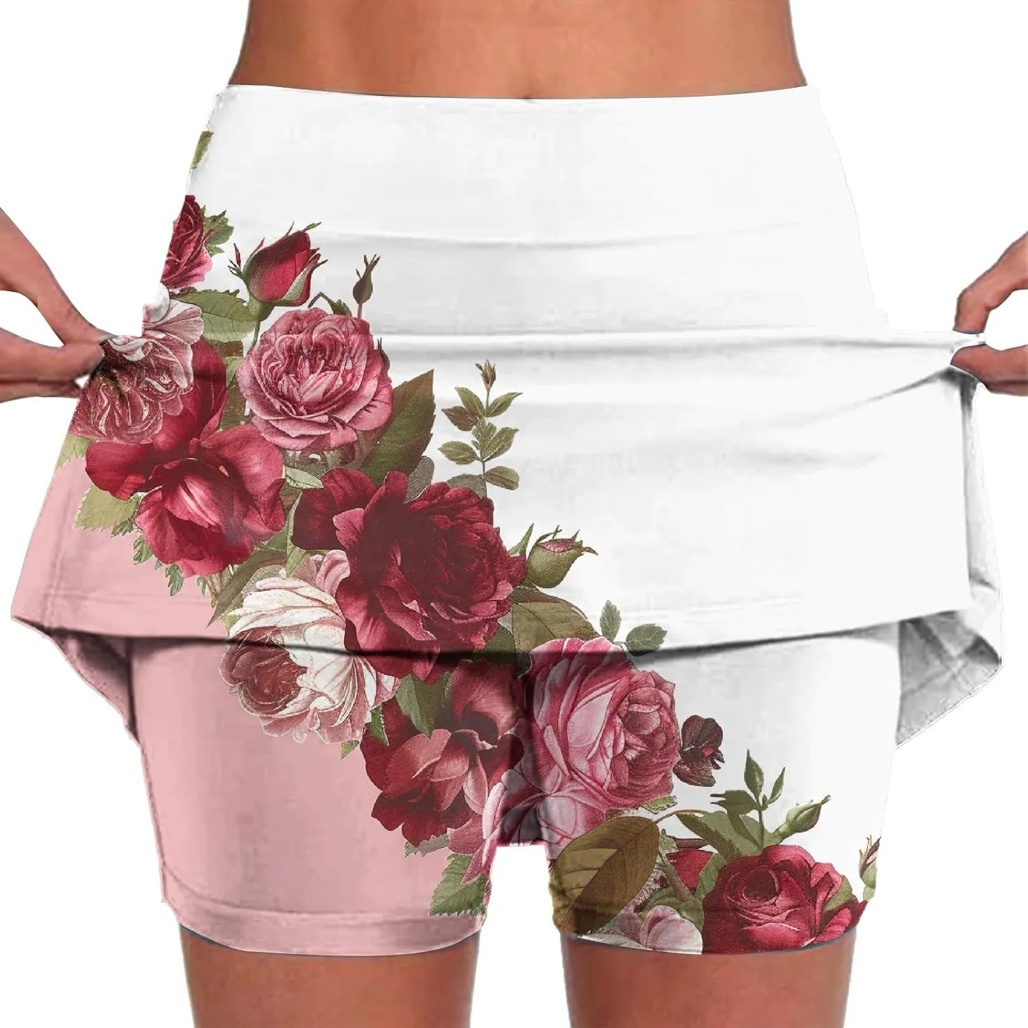 Women Summer Skorts Shorts Plus Size High Waist Stretch Anti-Exposure Floral Printed Comfy Active Lounge Short