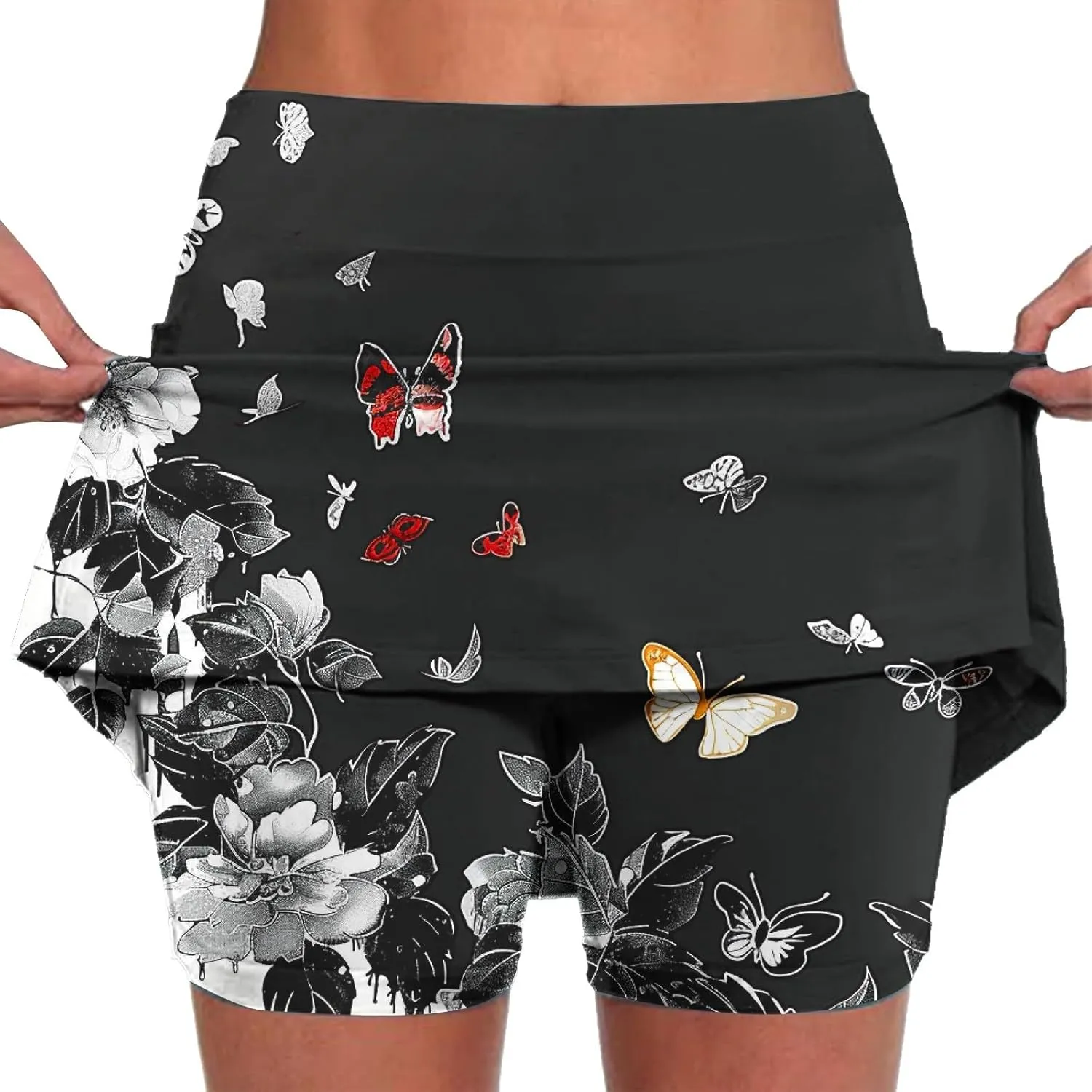 Women Summer Skorts Shorts Plus Size High Waist Stretch Anti-Exposure Floral Printed Comfy Active Lounge Short