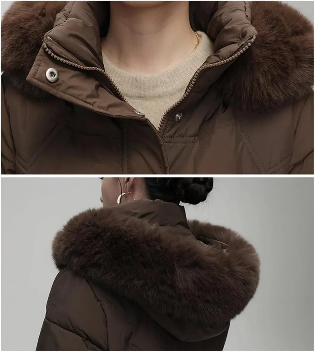 Women White Hooded Down Coat Duck Down Long Parkas Winter Zipper Thicken Cotton-Padded Jacket Coats