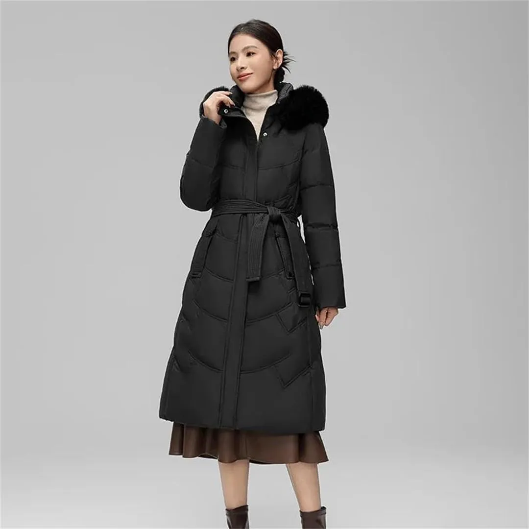 Women White Hooded Down Coat Duck Down Long Parkas Winter Zipper Thicken Cotton-Padded Jacket Coats