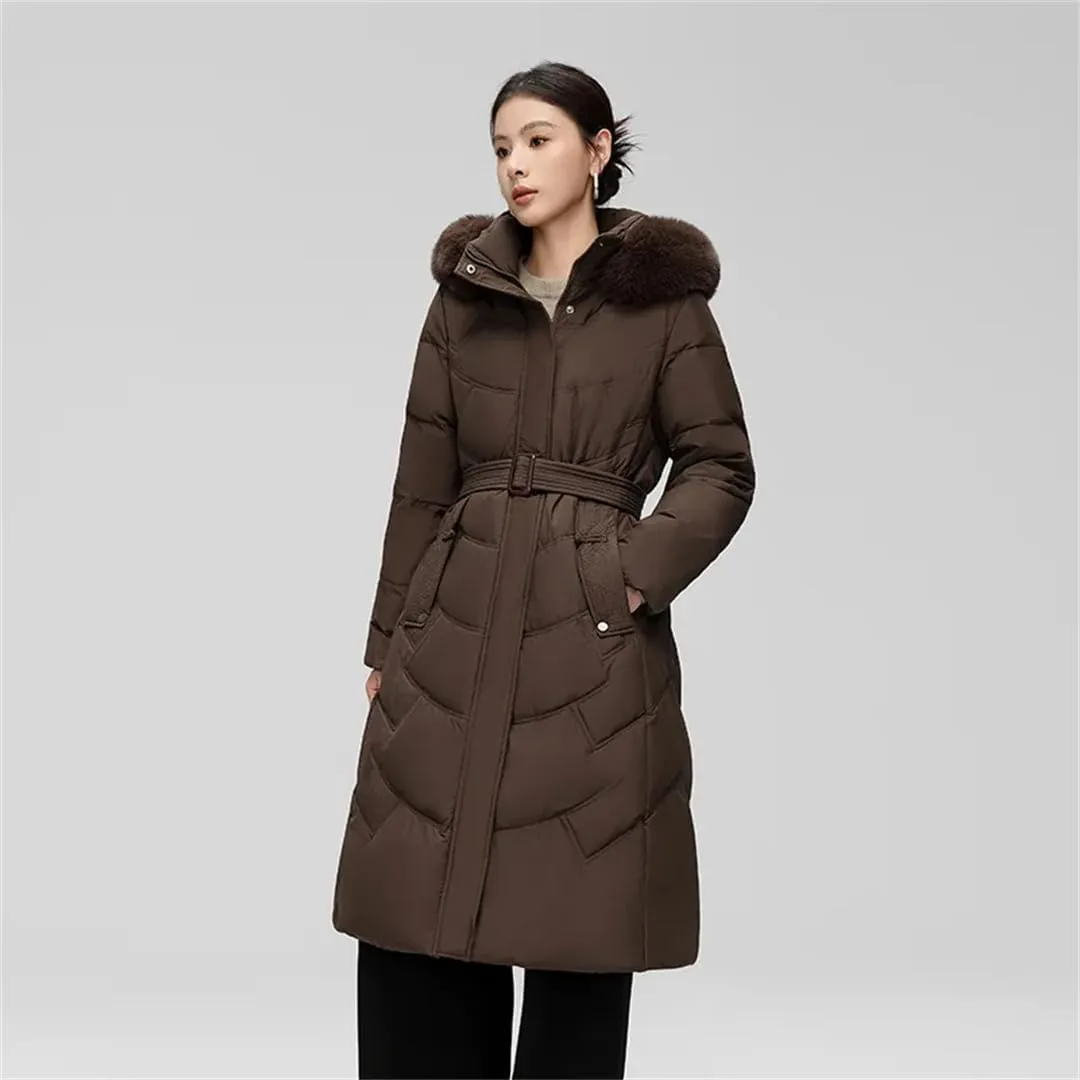 Women White Hooded Down Coat Duck Down Long Parkas Winter Zipper Thicken Cotton-Padded Jacket Coats
