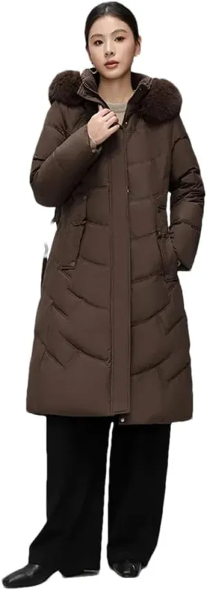 Women White Hooded Down Coat Duck Down Long Parkas Winter Zipper Thicken Cotton-Padded Jacket Coats