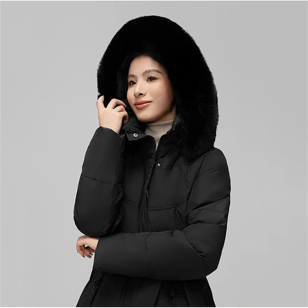 Women White Hooded Down Coat Duck Down Long Parkas Winter Zipper Thicken Cotton-Padded Jacket Coats