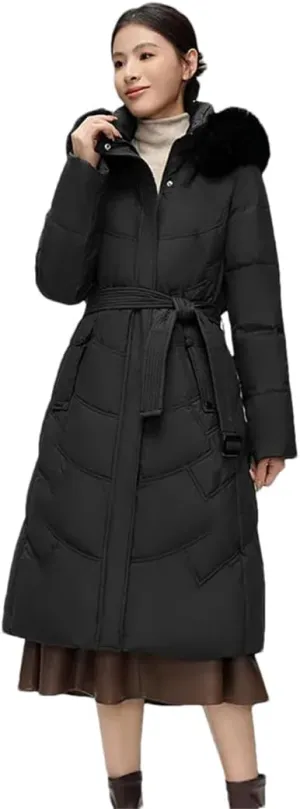 Women White Hooded Down Coat Duck Down Long Parkas Winter Zipper Thicken Cotton-Padded Jacket Coats