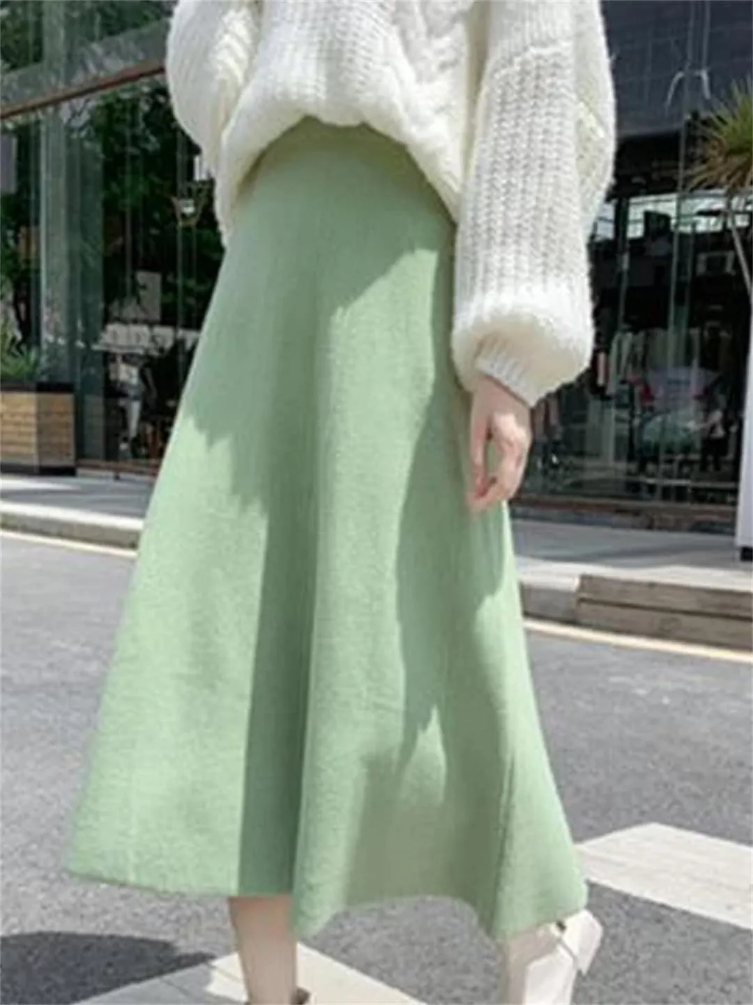 Women Winter Knitted Midi Skirt Pleated Casual Loose Skirt