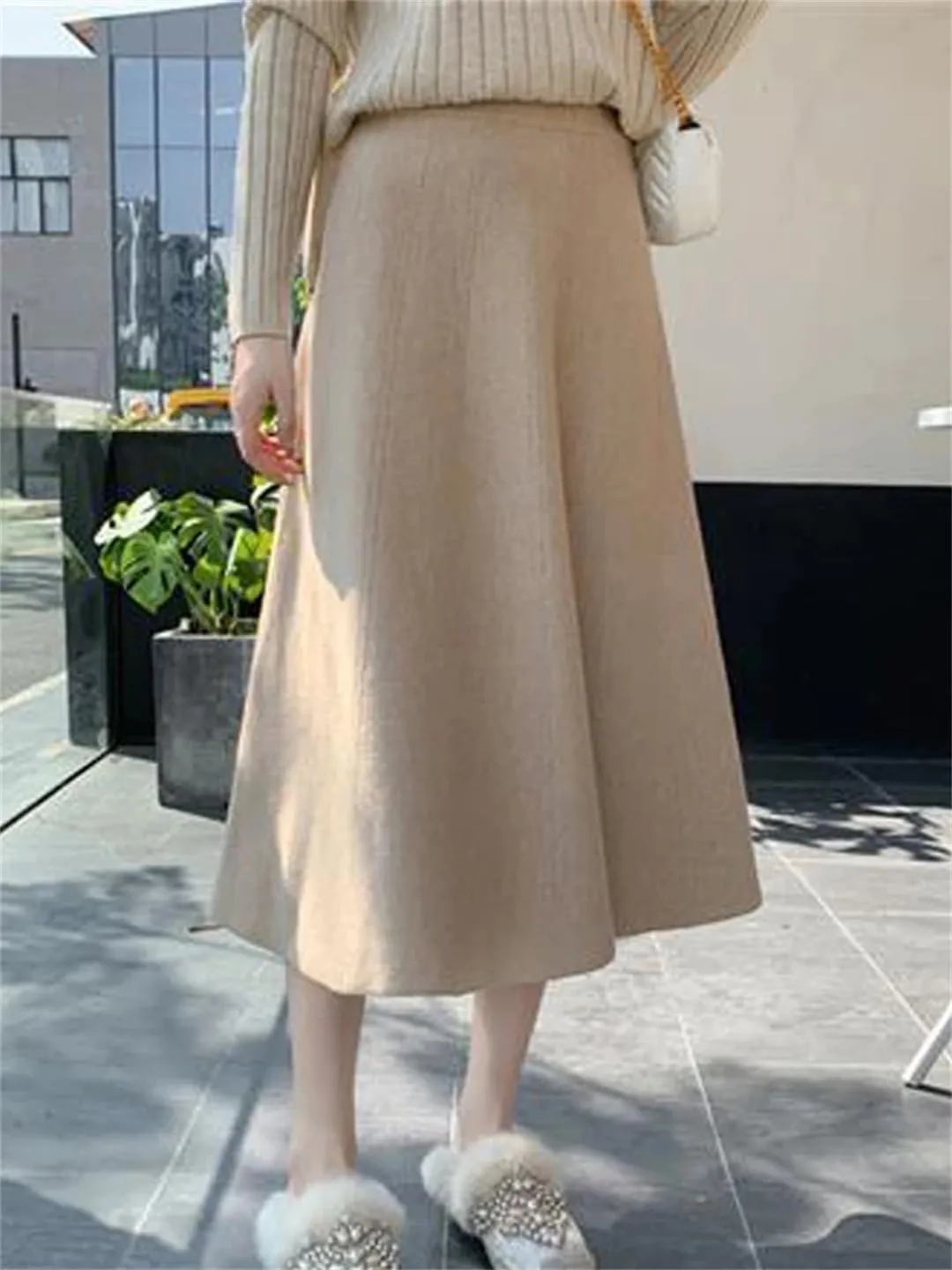 Women Winter Knitted Midi Skirt Pleated Casual Loose Skirt